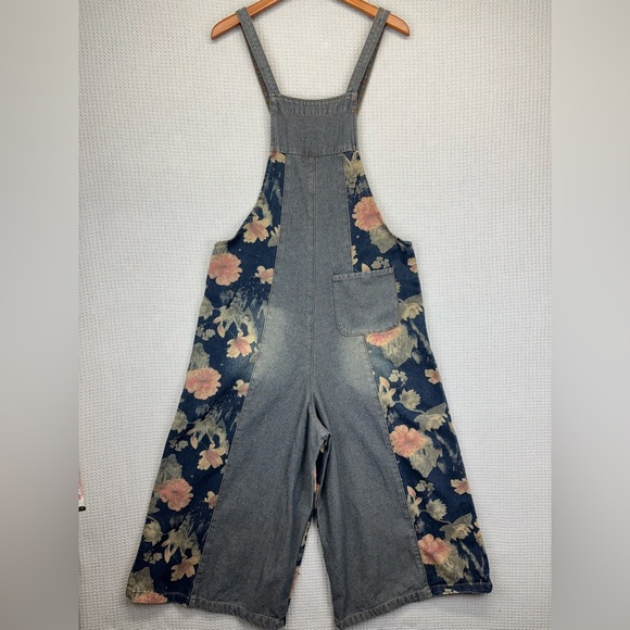 COWOKA Boho Floral Denim Bib Overalls Loose Wide Leg Jumpsuit Suspenders Small - Picture 6 of 13